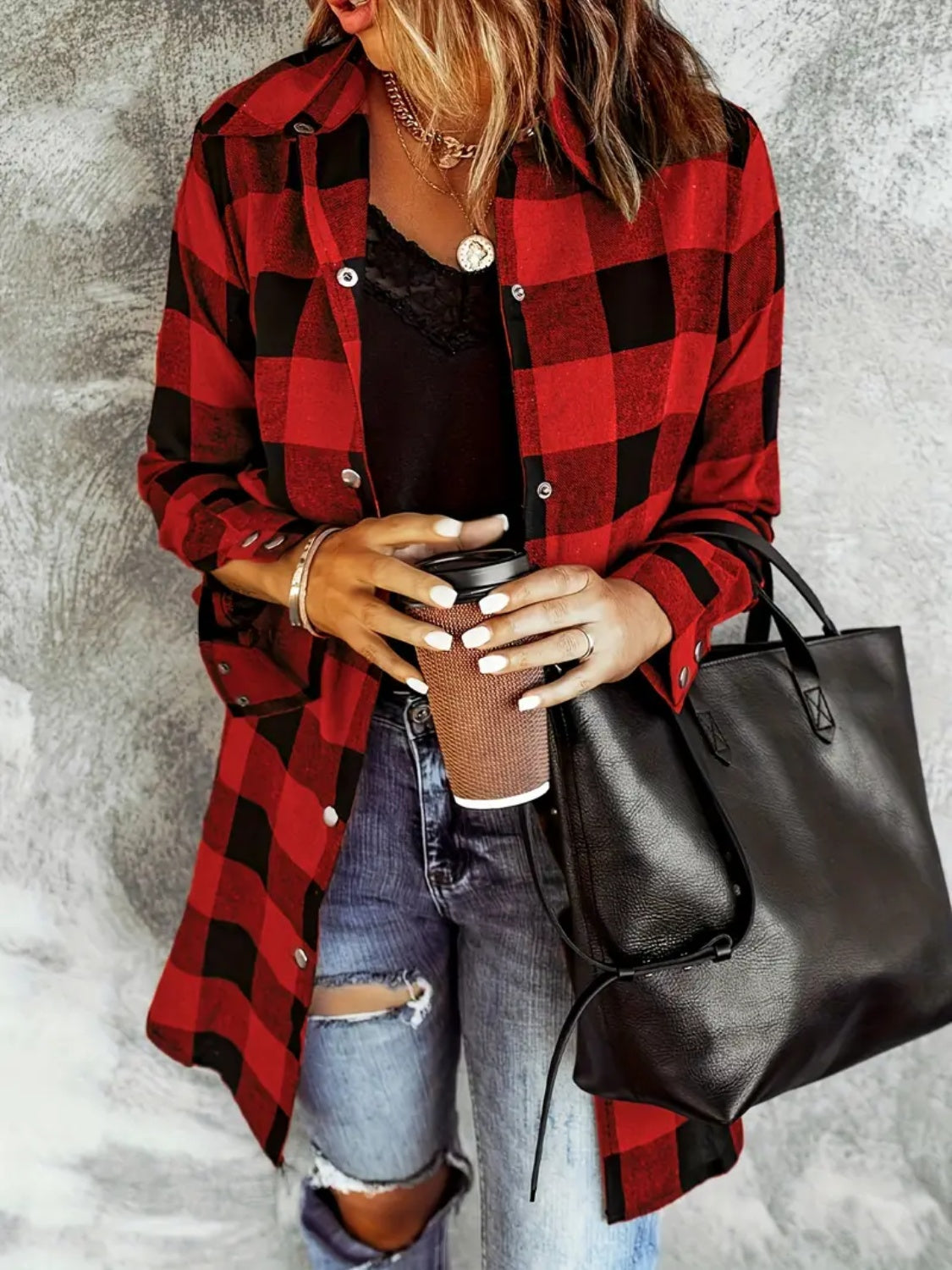 Explore More Collection - Plaid Collared Neck Snap Down Long Sleeve Jacket