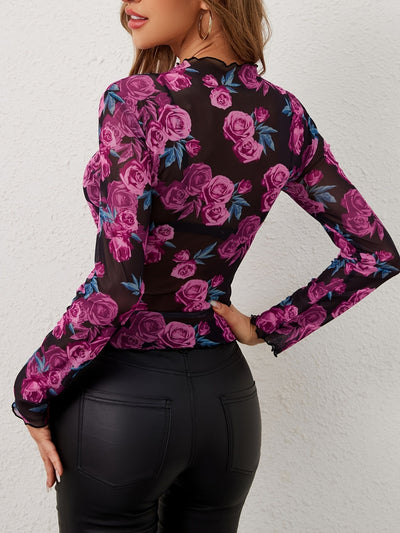 Explore More Collection - Floral Mock Neck Long Sleeve Top