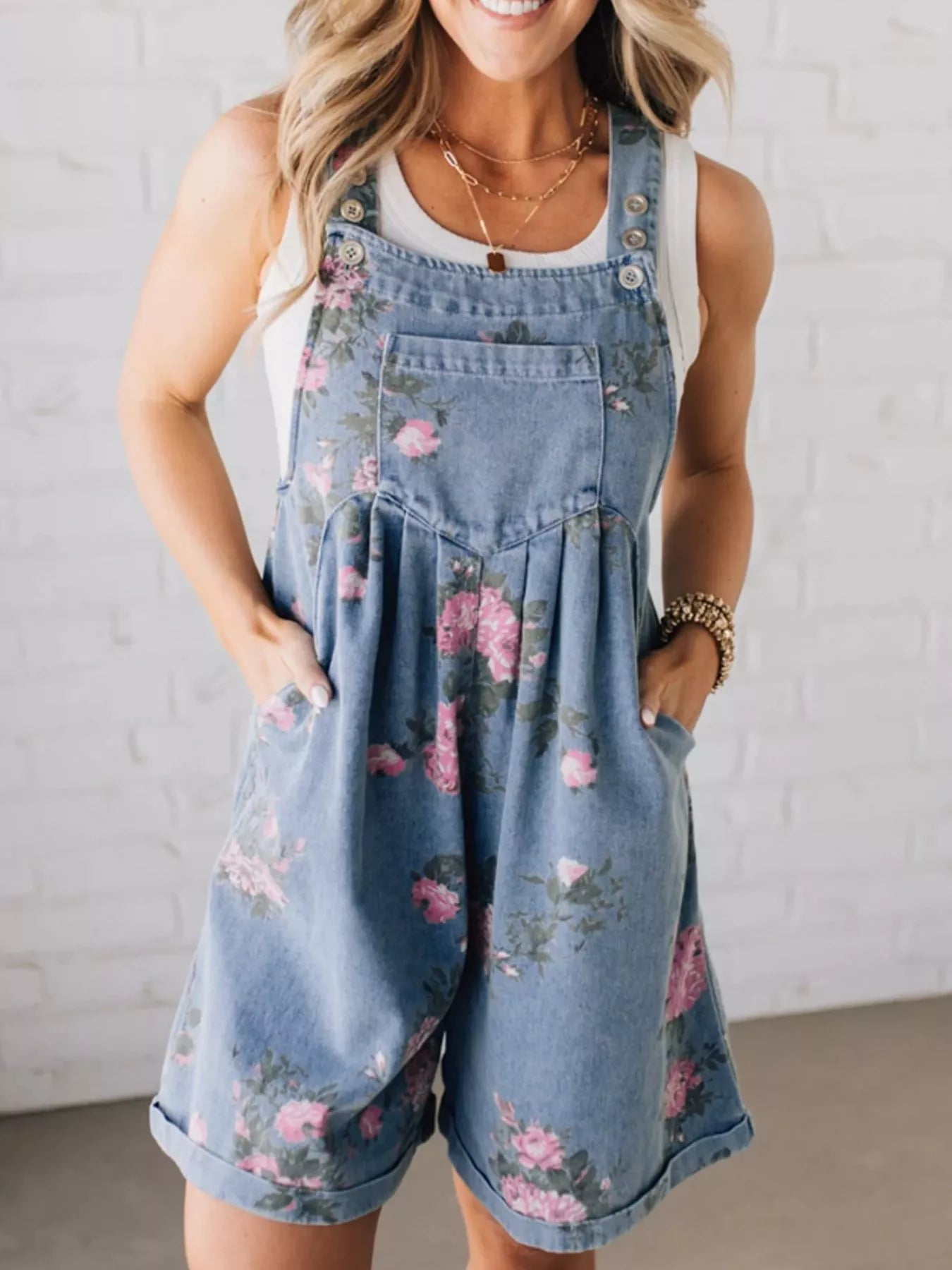 Floral Print Denim Overalls