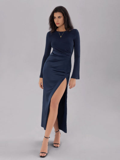 Explore More Collection - Split Round Neck Long Sleeve Midi Dress