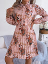 Explore More Collection - Pleated Printed Tie Neck Long Sleeve Dress