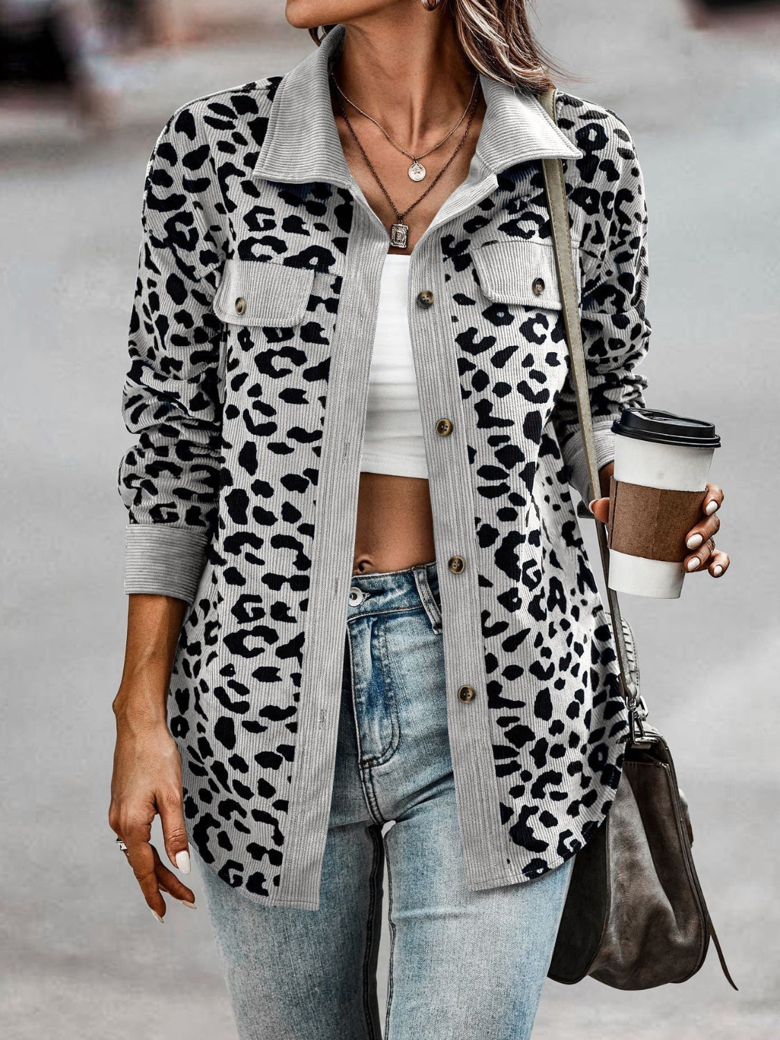 Explore More Collection - Full Size Leopard Collared Neck Button Up Long Sleeve Jacket