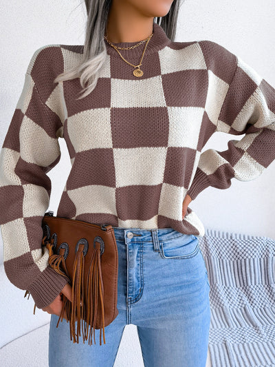 Explore More Collection - Checkered Mock Neck Long Sleeve Sweater