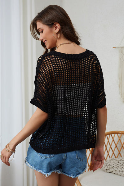 Explore More Collection - Openwork Round Neck Half Sleeve Knit Cover Up