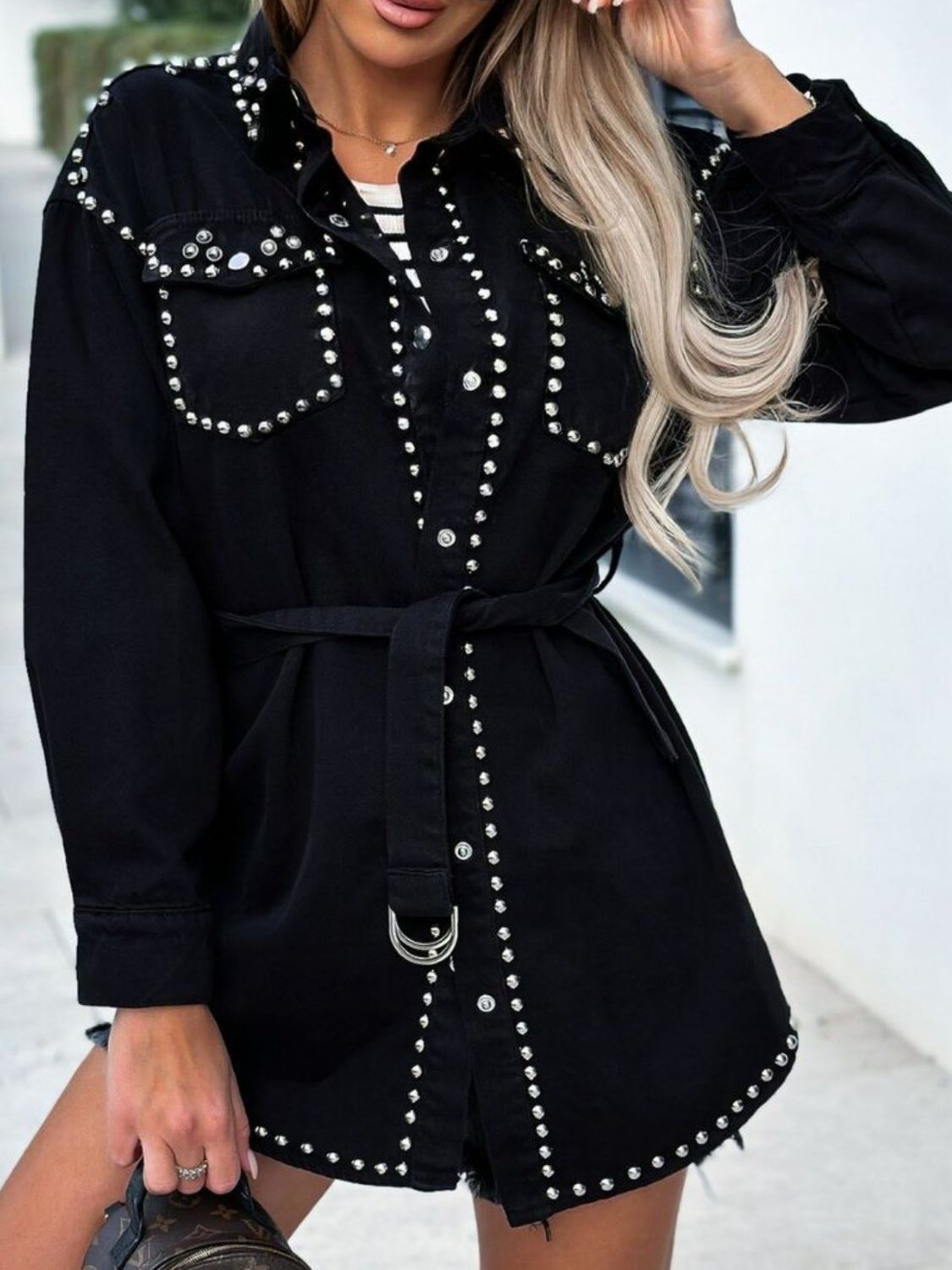 Explore More Collection - Studded Snap Down Long Sleeve Denim Shacket
