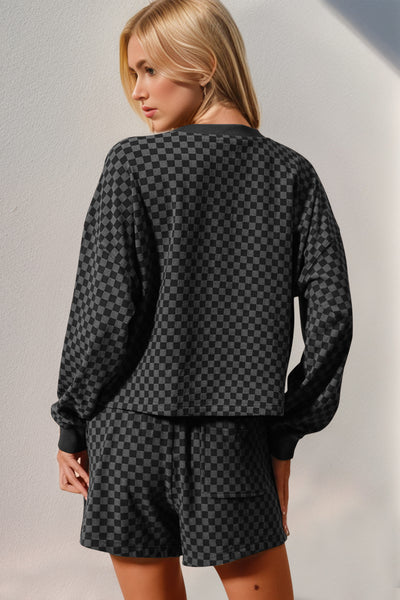 Explore More Collection - Double Take Checkered Half Button Top and Shorts Set