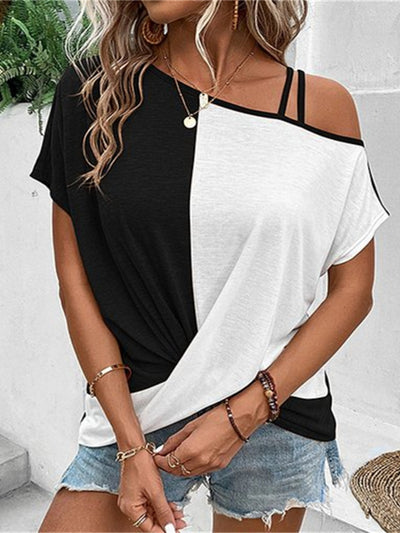 Explore More Collection - Contrast Asymmetrical Neck Short Sleeve T-Shirt