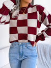 Explore More Collection - Checkered Mock Neck Long Sleeve Sweater