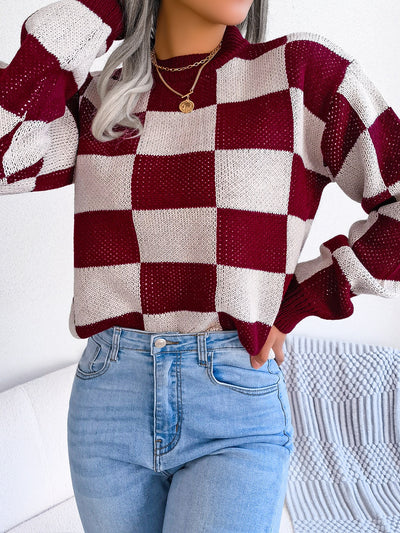 Explore More Collection - Checkered Mock Neck Long Sleeve Sweater