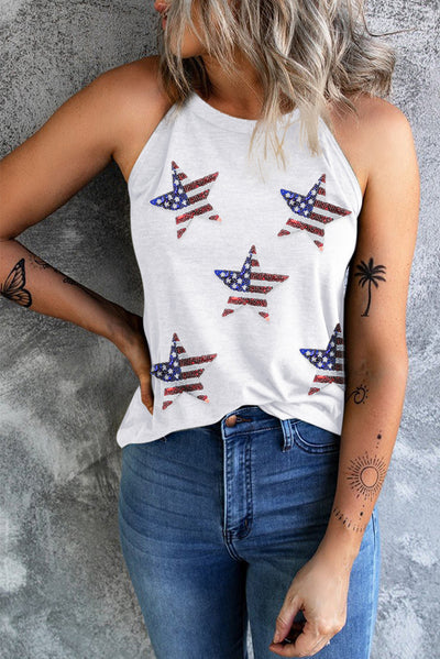 Explore More Collection - Sequin US Flag Star Grecian Neck Tank