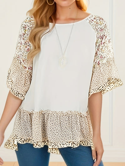 Explore More Collection - Full Size Frill Printed Round Neck Half Sleeve Blouse