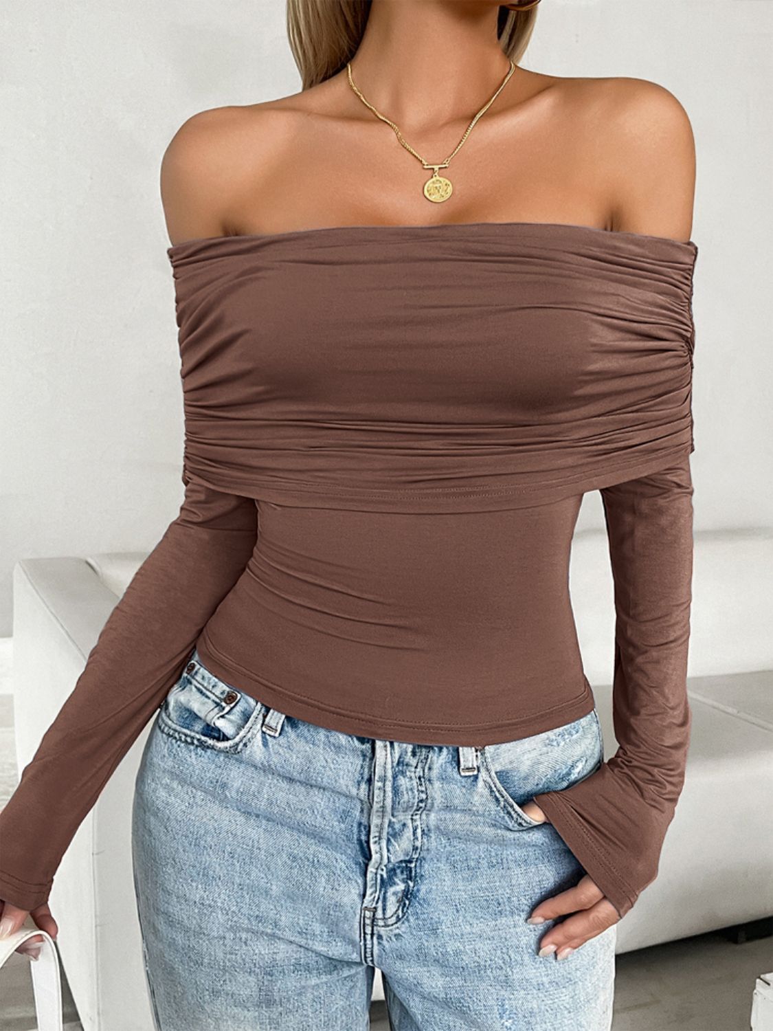 Explore More Collection - Ruched Off-Shoulder Long Sleeve T-Shirt