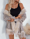 Explore More Collection - Fringe Leopard Open Front Long Sleeve Poncho