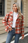 Explore More Collection - Pocketed Plaid Collared Neck Dropped Shoulder Jacket