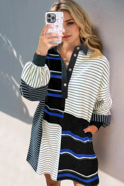 Explore More Collection - Oh Full Size Striped Half Button Long Sleeve Mini Dress