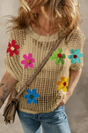 Explore More Collection - Flower Round Neck Half Sleeve Knit Cover Up