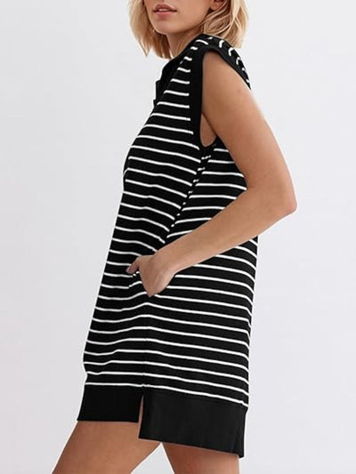 Explore More Collection - Full Size Pocketed Striped Quarter Zip Cap Sleeve Dress