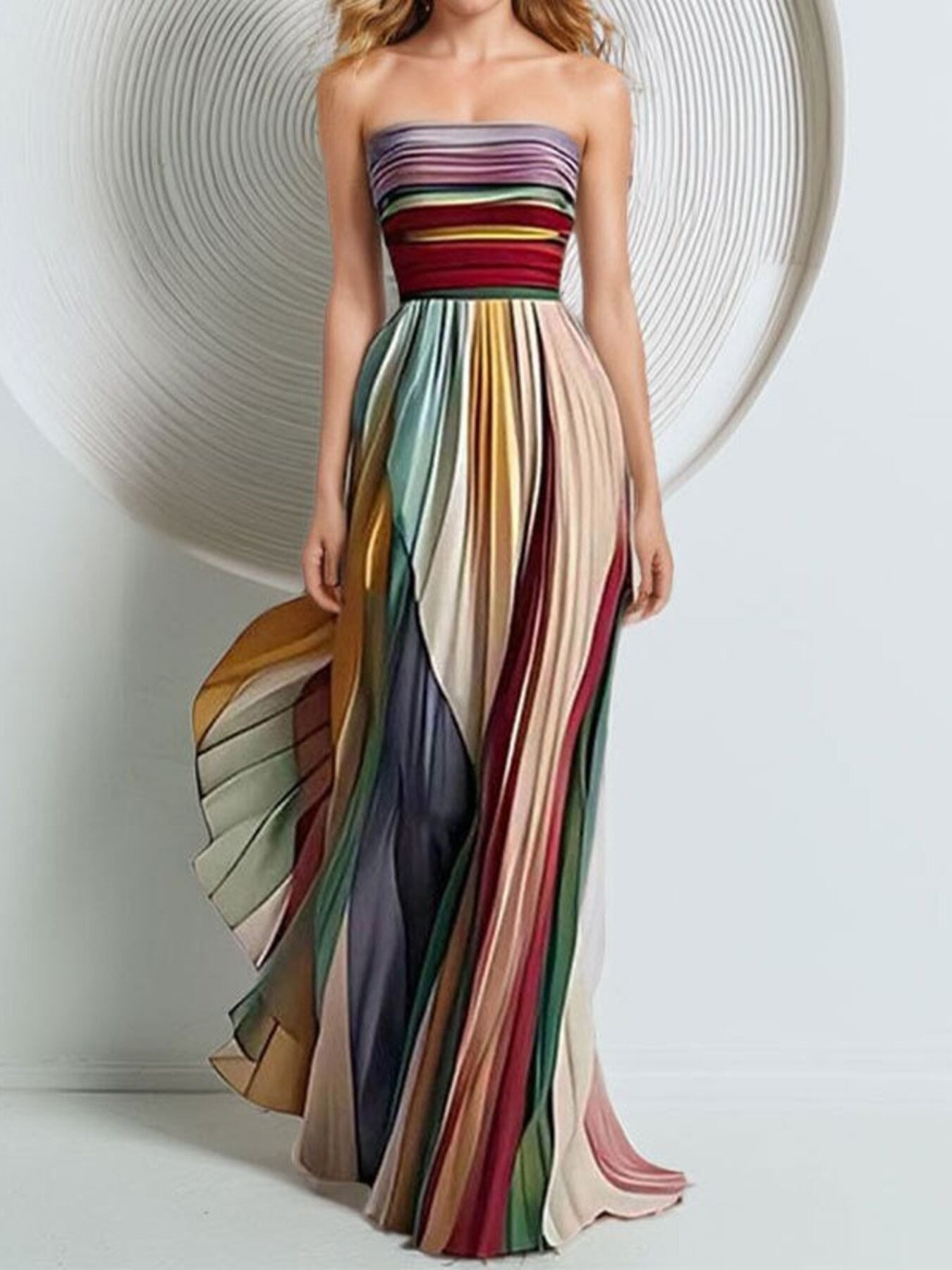 Striped Pleated Strapless Maxi Dress