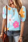 Explore More Collection - Flower Round Neck Short Sleeve Blouse