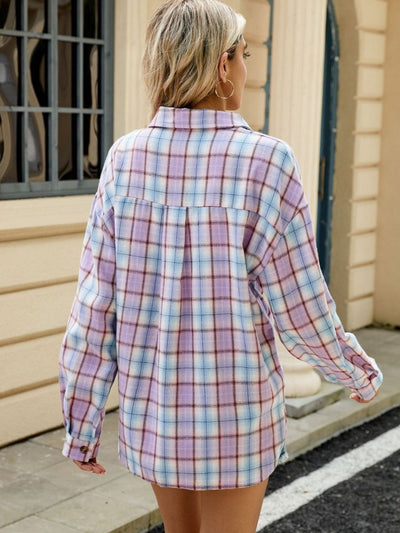 Explore More Collection - Plaid Collared Neck Long Sleeve Shirt