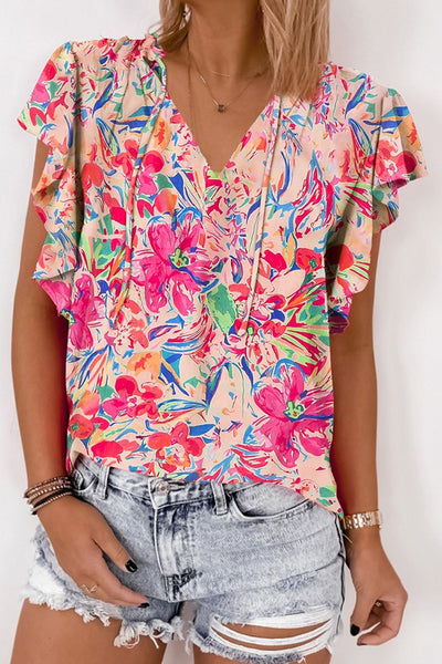 Explore More Collection - Ruffled Printed Tie Neck Cap Sleeve Blouse