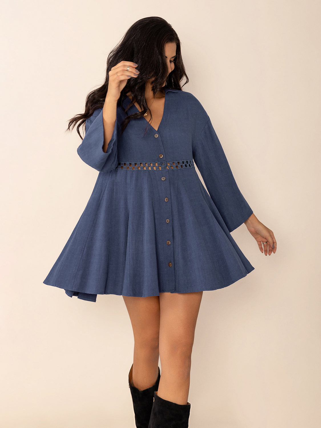 Explore More Collection - Cutout Johnny Collar Long Sleeve Mini Dress