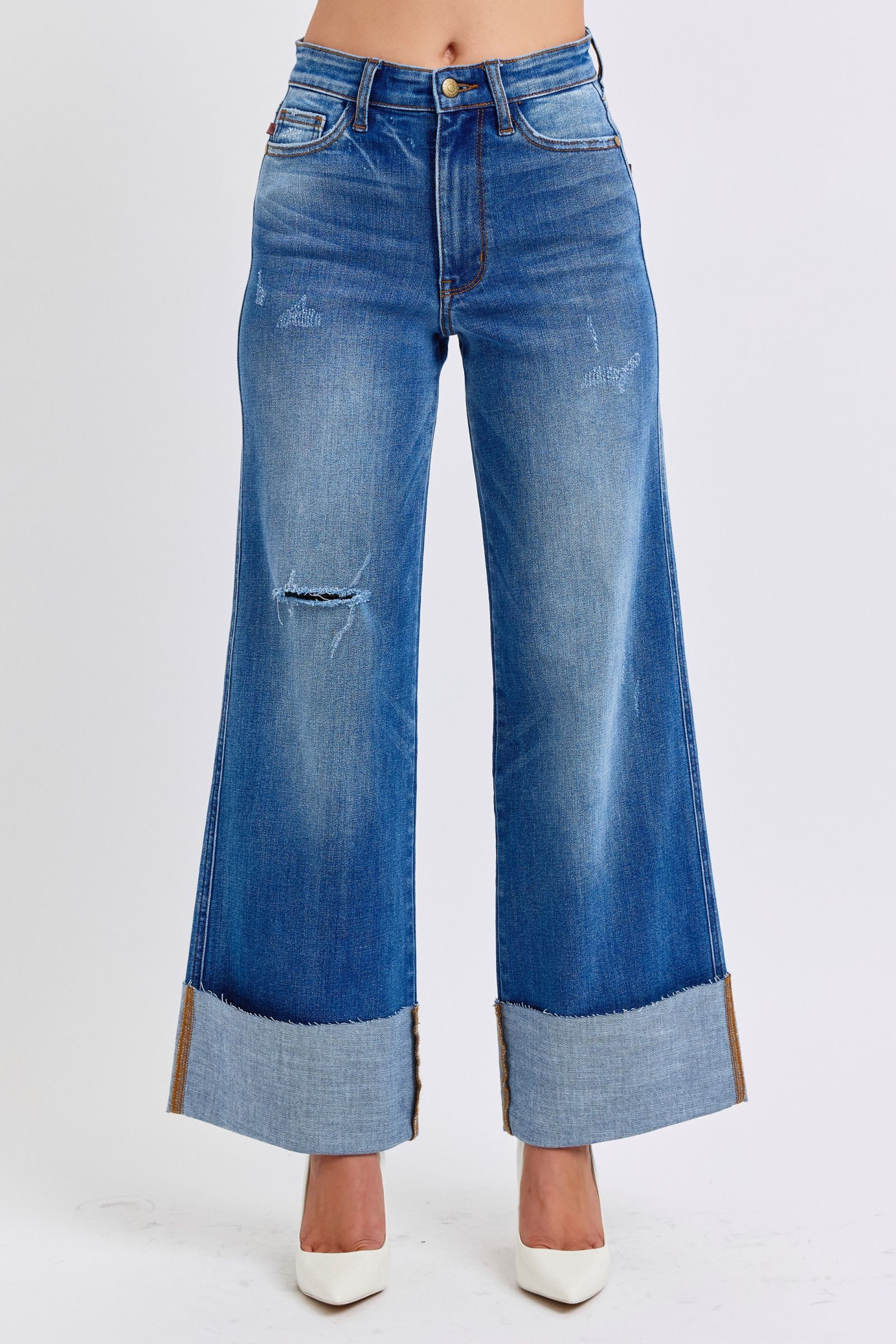 Explore More Collection - Judy Blue Full Size Distressed High Waist Wide Leg Jeans
