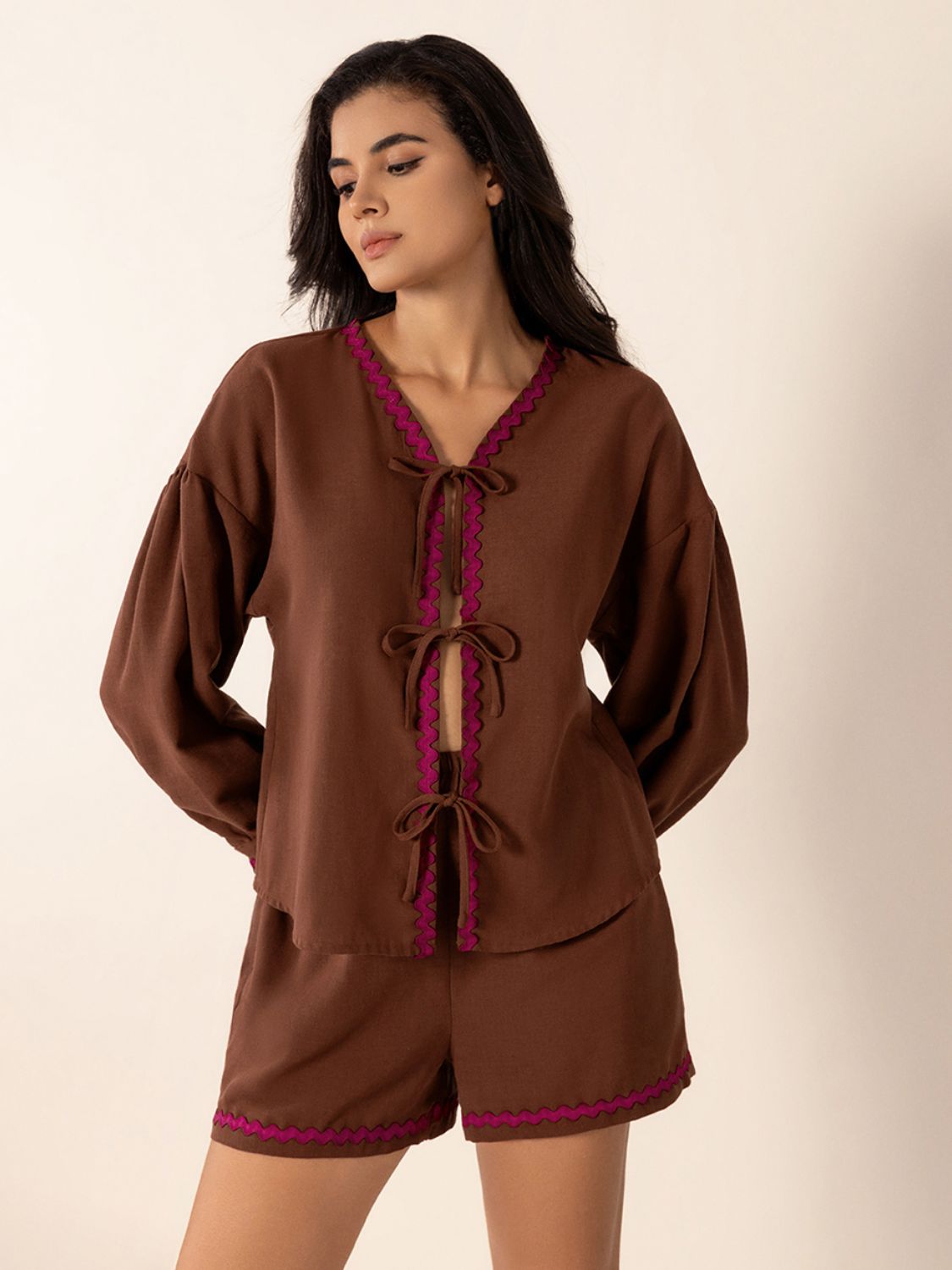 Explore More Collection - Tied V-Neck Long Sleeve Top and Shorts Set