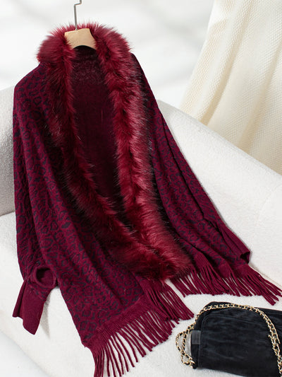 Explore More Collection - Fringe Leopard Open Front Long Sleeve Poncho