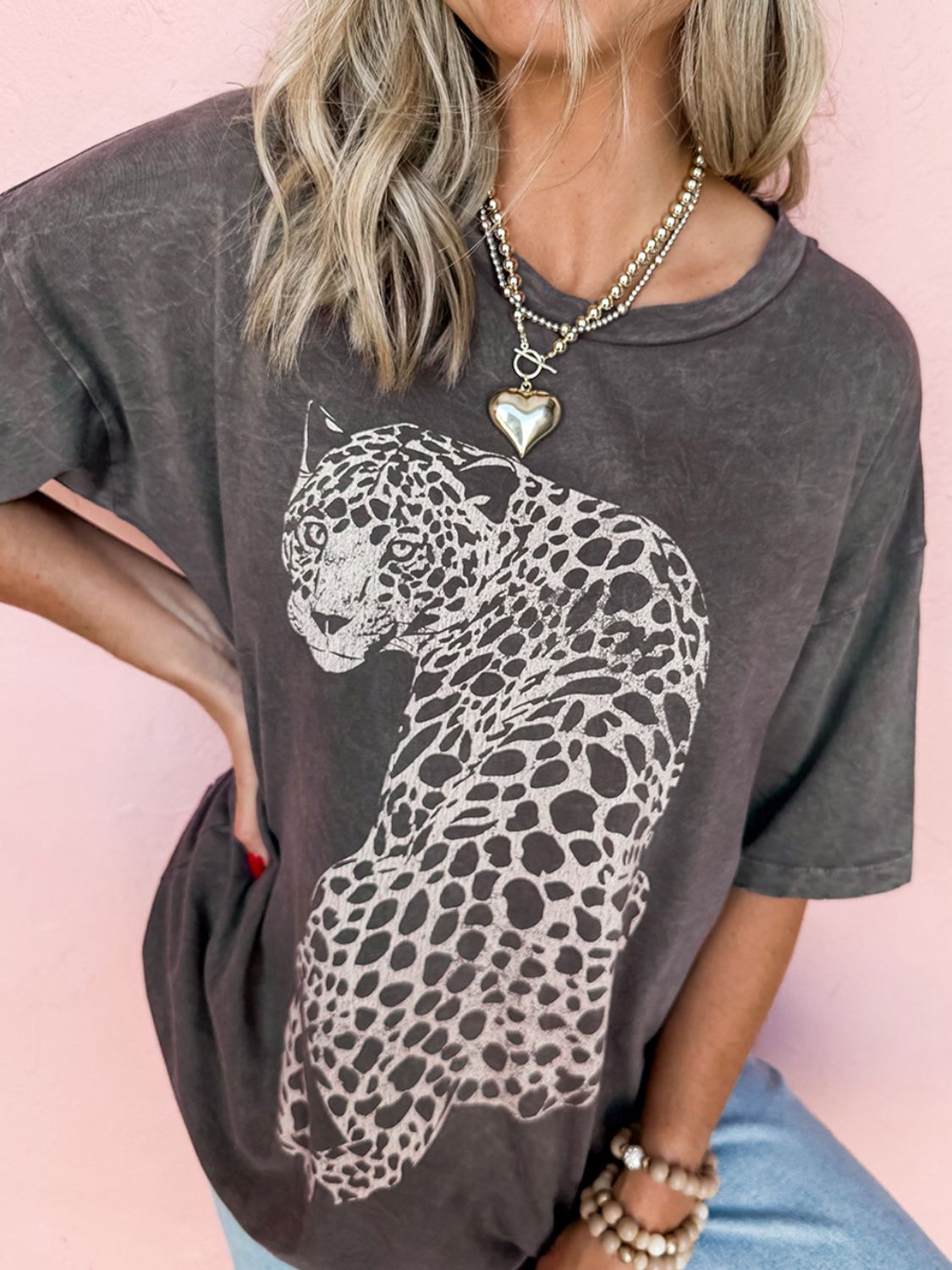 Explore More Collection - Cheetah Mineral Wash Round Neck Half Sleeve T-Shirt