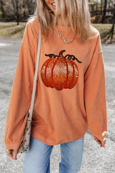 Explore More Collection - Sequin Pumpkin Round Neck Long Sleeve Sweatshirt