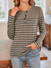 Explore More Collection - Quarter Button Striped Round Neck Long Sleeve T-Shirt