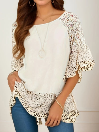 Explore More Collection - Full Size Frill Printed Round Neck Half Sleeve Blouse