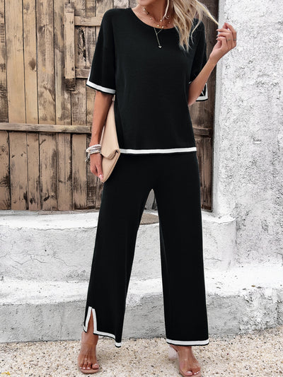 Explore More Collection - Contrast Trim Round Neck Top and Pants Set