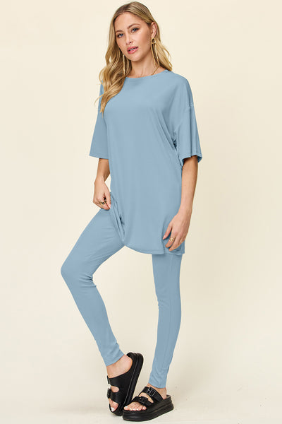 Explore More Collection - Double Take Full Size Round Neck Dropped Shoulder T-Shirt and Leggings Set