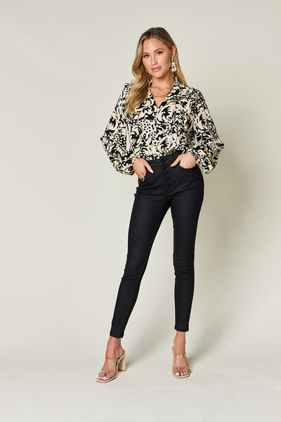 Explore More Collection - Double Take Full Size Printed Ruffle Trim Balloon Sleeve Shirt