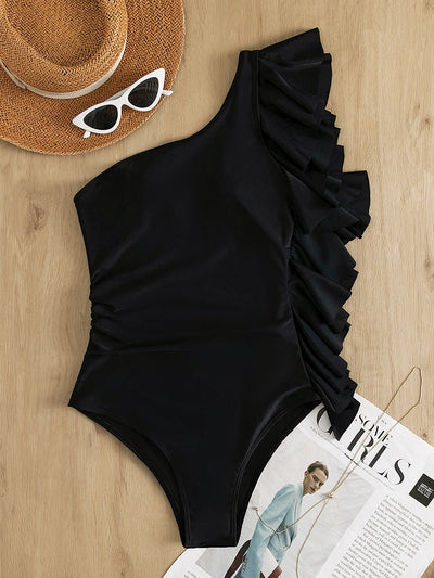 Explore More Collection - Ruffled Single Shoulder One-Piece Swimwear