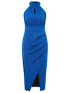 Explore More Collection - Slit Ruched Mock Neck Sleeveless Dress