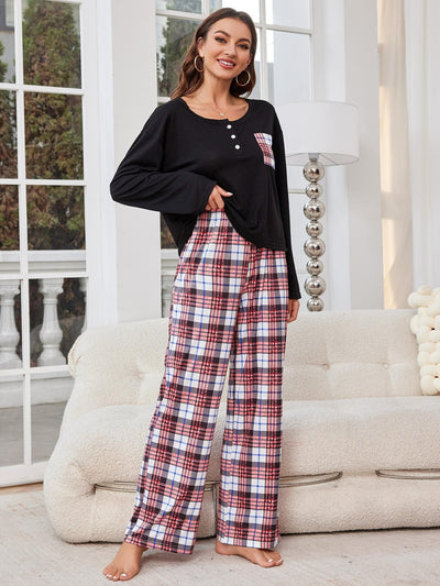 Explore More Collection - Round Neck Long Sleeve Top and Plaid Pants Lounge Set