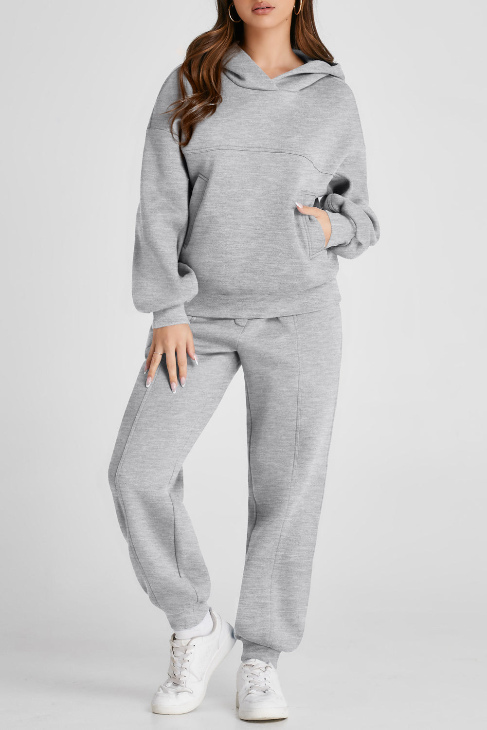 Explore More Collection - Dropped Shoulder Long Sleeve Hoodie and Pants Active Set
