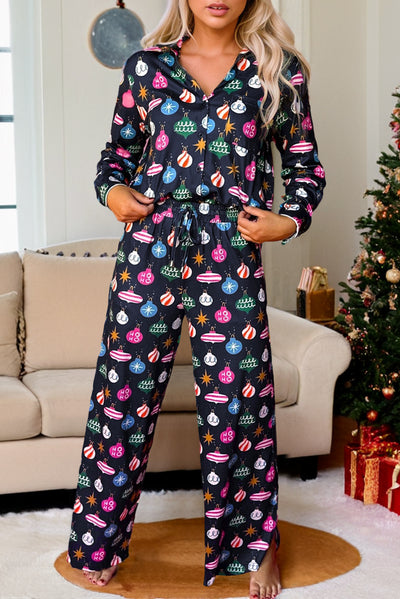 Explore More Collection - Christmas Lights Print Collared Neck Top and Pants Set