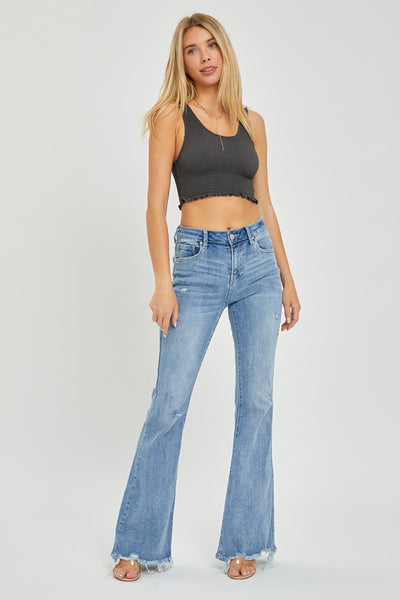 Explore More Collection - Risen Full Size High Rise Frayed Hem Flare Jeans