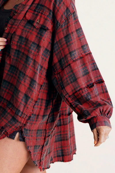 Explore More Collection - Exposed Seam Plaid Collared Neck Long Sleeve Shirt