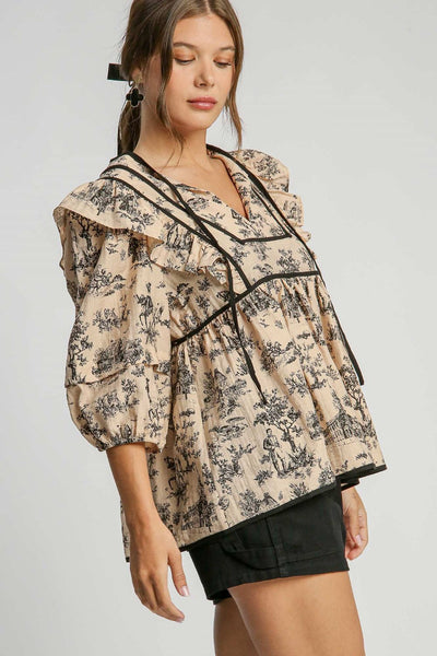 Explore More Collection - Umgee Ruffled Tie Neck Puff Sleeve Babydoll Blouse