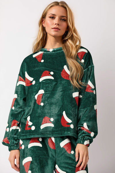 Explore More Collection - Christmas Hat Pattern Round Neck Long Sleeve Top and Pants Set