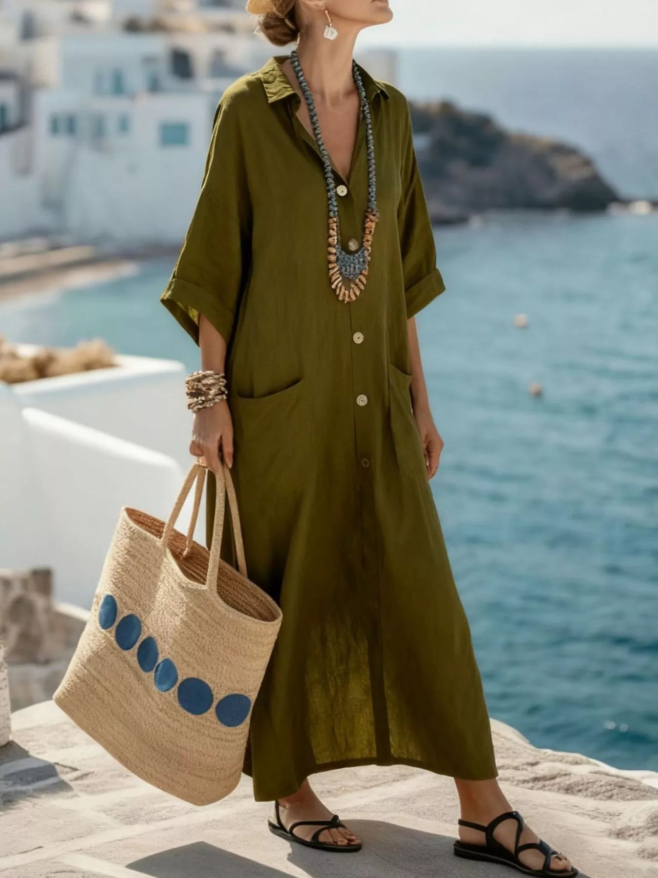 Button Front 3/4 Sleeve Maxi Dress