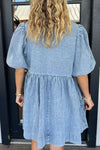 Explore More Collection - Bowknot Round Neck Half Sleeve Denim Dress