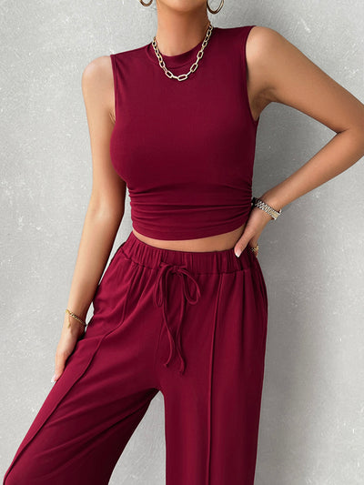 Explore More Collection - Mock Neck Sleeveless Top and Drawstring Pants Set