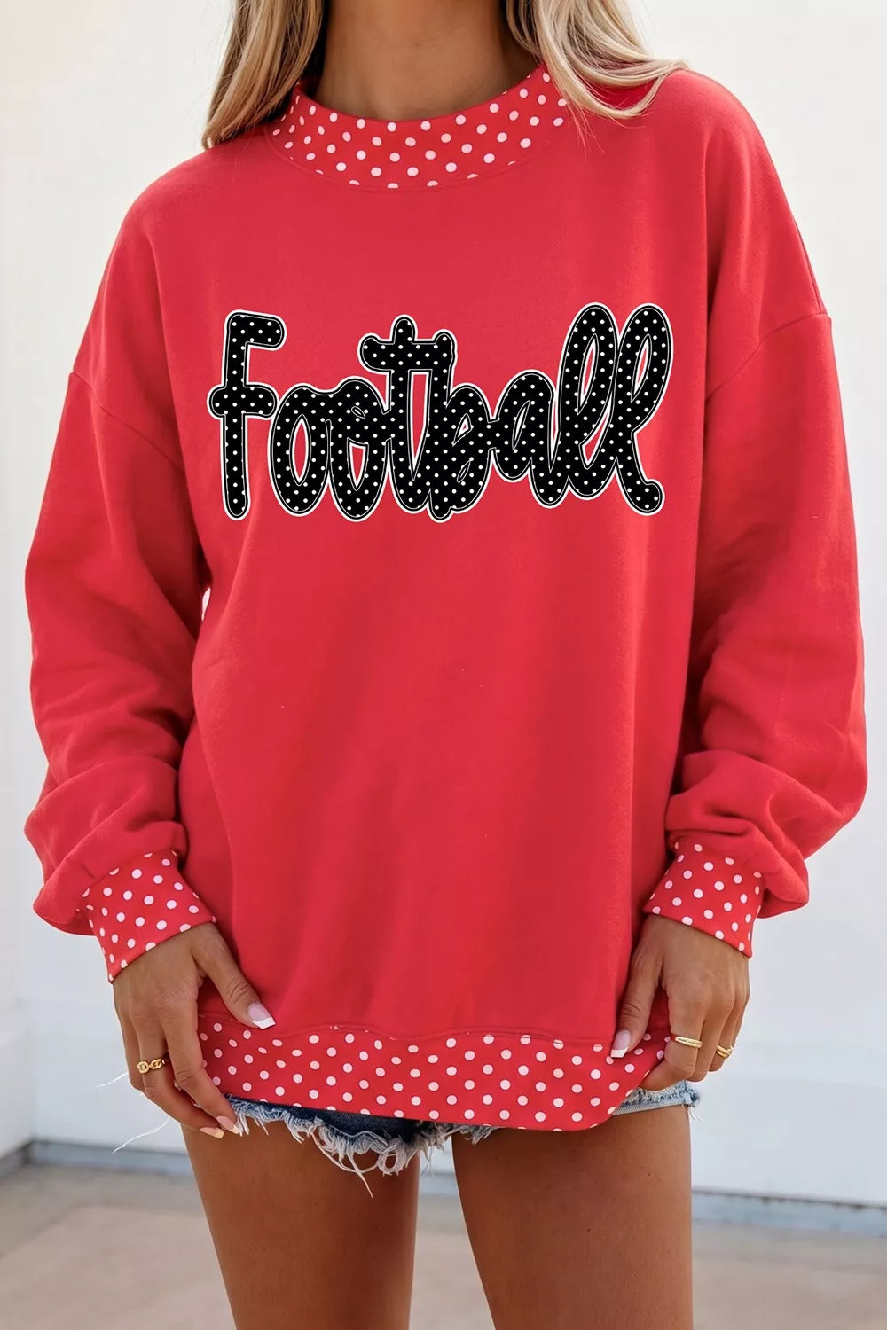 Polka Dot Trim Football Graphic Sweatshirt