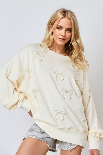 Explore More Collection - Pearl Bow Round Neck Dropped Shoulder Sweatshirt